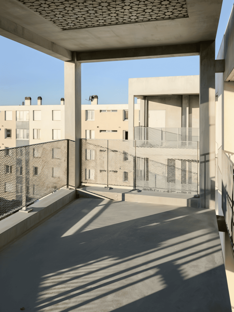 Vue intérieure balcons 3D préfabriqués en béton avec garde-corps perforés – projet Clairsienne