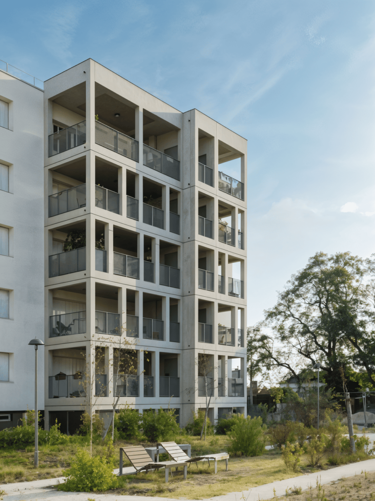 Façade d’un immeuble avec structure complète de balcons 3D en béton préfabriqué – projet Clairsienne