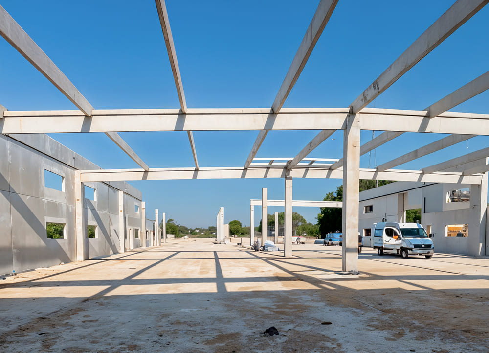Ensemble de poutres béton préfabriquées formant la toiture d’un bâtiment, vues depuis l’entrée d'un site