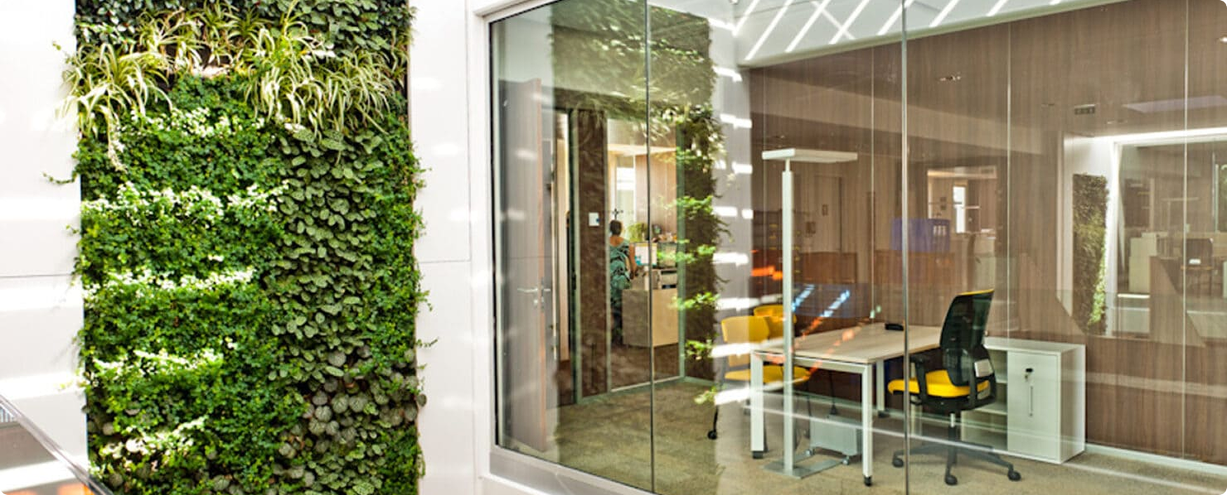 Vue intérieure du bâtiment MAFF réalisé en béton préfabriqué CIR PREFA, avec espace de bureaux vitré et mur végétal décoratif