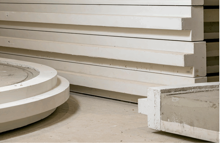 Piles de panneaux et éléments circulaires en béton préfabriqué prêts à être assemblés dans l’usine CIR PREFA