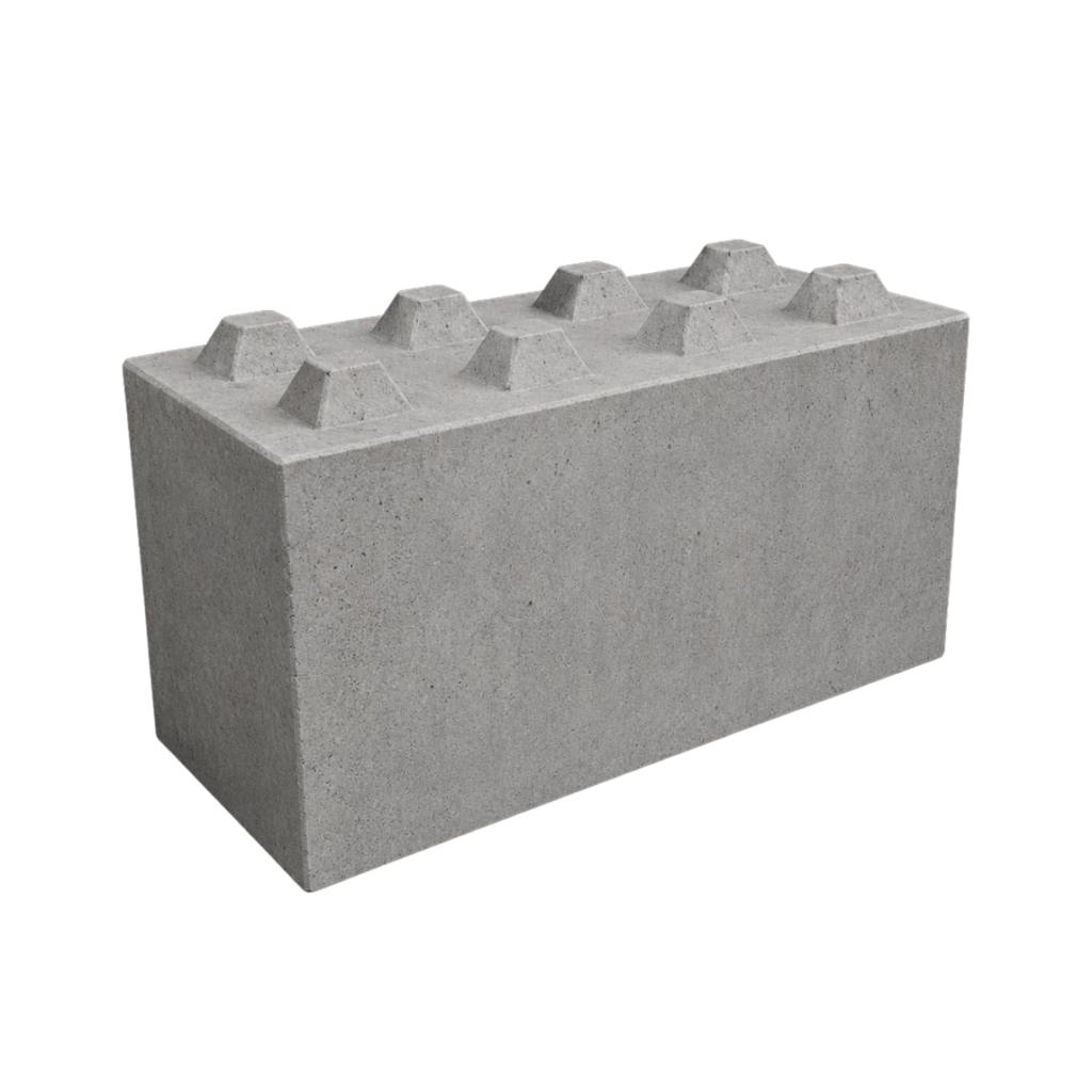 Bloc béton préfabriqué empilable CIR PREFA en rendu 3D, avec picots d’emboîtement sur la partie supérieure.