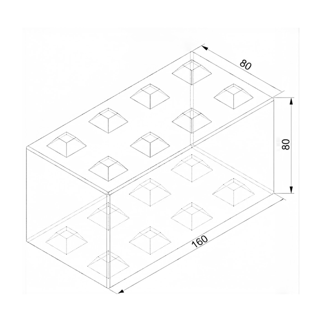 Schéma technique d’un bloc béton préfabriqué empilable CIR PREFA, dimensions 160 x 80 x 80, avec picots d’emboîtement.